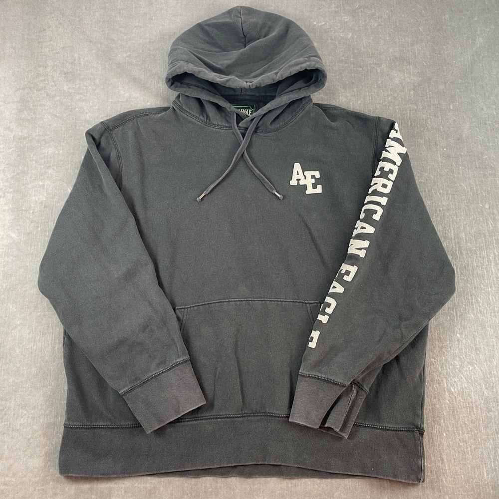 American Eagle Men XXL Black Hoodie Sweatshirt Graphic Sleeve Logo Pullover